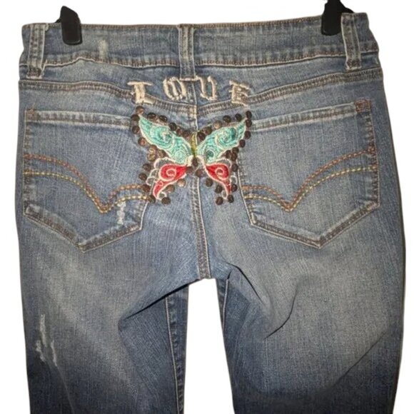 Younique Vintage Retro Bootcut Boot Leg Raw Hem CutOff Butterfly Love Jeans Pant - Picture 4 of 10